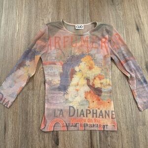 Vintage Clio Women's S Sarah Bernhardt Net Mesh Y2K Art Nouveau 3/4 Sleeve Top